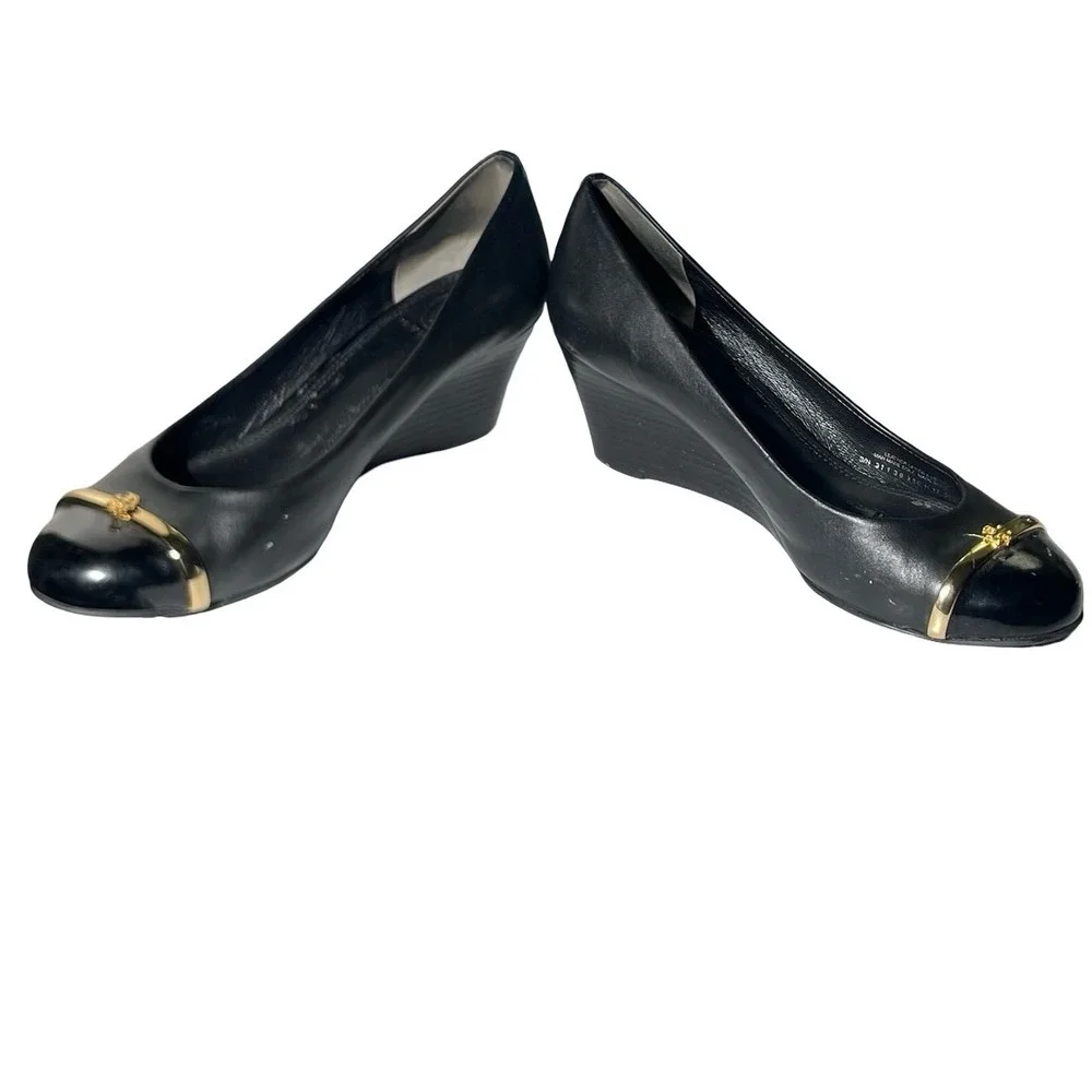 Tory Burch Black Leather Cap Toe Wedge Pumps Gold Logo Hardware Size 6.5